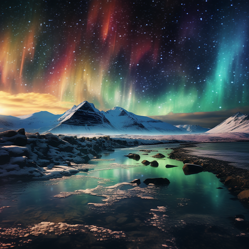 האורות הצפוניים המהפנטים רוקדים על פני שמי הלילה, מטילים זוהר תוסס ועולמי על נוף איסלנדי ציורי.