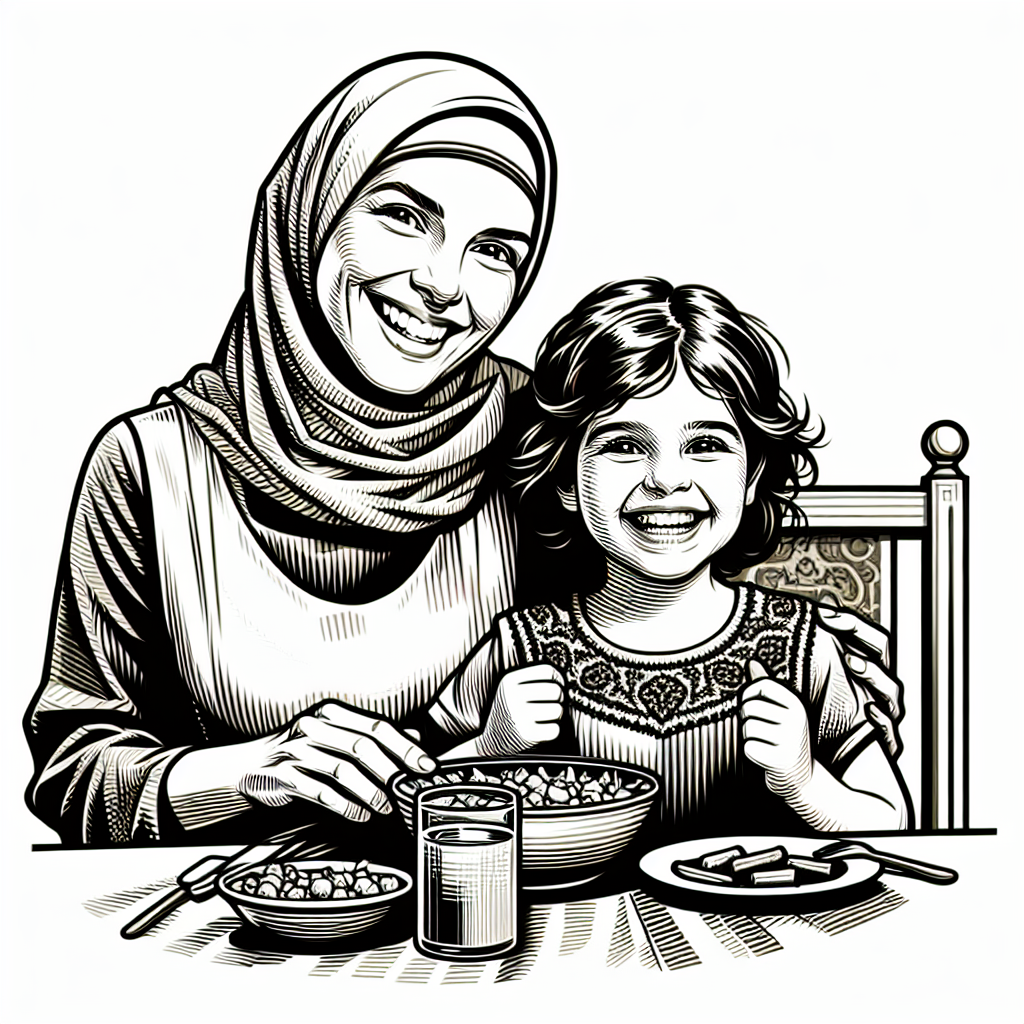 תמונה של אם ובת מחייכות עד שולחנו איקון.